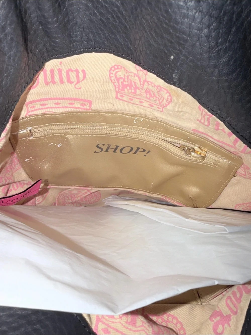 Vintage Juicy Couture Black Pebbled Leather Shoulder Bag with rabbit foot Tassel